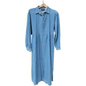 Vtg 90s Chambray Denim Maxi Dress Womens XL Button Front Long Sleeves Pintuck